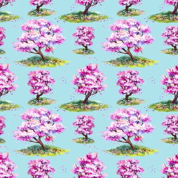 Nahtloses Muster Von Sakura Bäumen Auf Blauem Hintergrund Handzeichnung Aquarell — Stockfoto