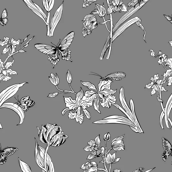 Seamless Pattern Orchids Butterflies Black White Vector Illustration Floral Pattern — Stock Vector