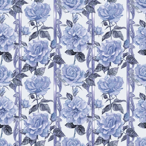 Seamless pattern of roses and vertical baroque pattern in blue-gray colors, watercolor drawing.