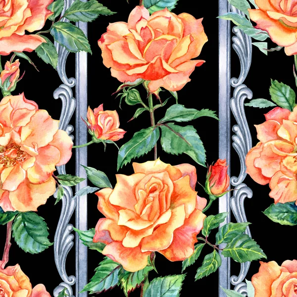 オレンジ色のバラと黒の背景 水彩画にバロック式垂直パターンのシームレス パターン — ストック写真
