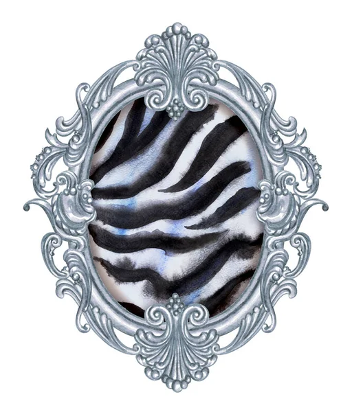 Zebra Bőr Ezüst Barokk Keretben Akvarell Festészet Vágógörbével Elszigetelt Fehér — Stock Fotó