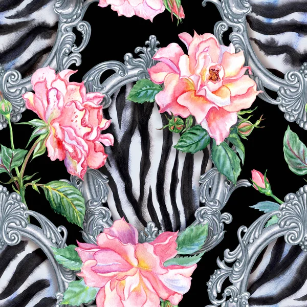Безшовний Візерунок Шкіри Зебри Срібному Бароковому Обрамленні Рожевих Трояндах Акварельний — стокове фото