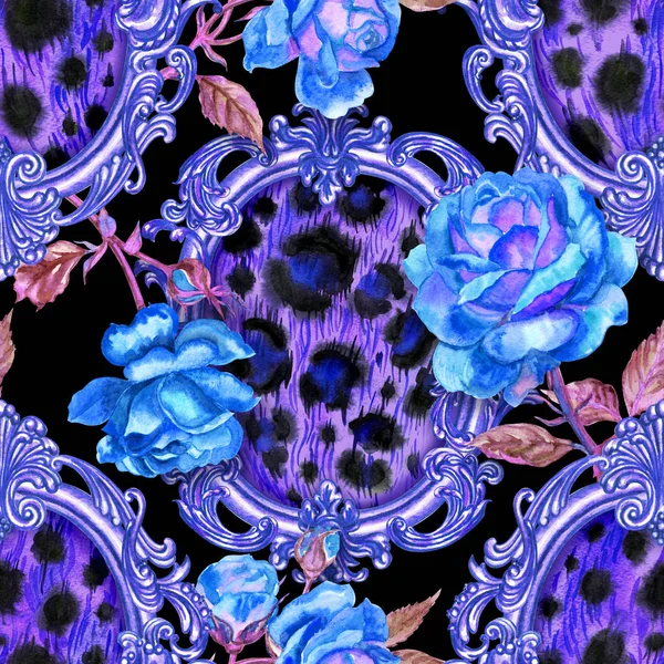 Seamless pattern of leopard skins in a baroque frame and blue roses on a black background, watercolor drawing. Animal print for fabric, floral pattern, background for various designs, retro style.