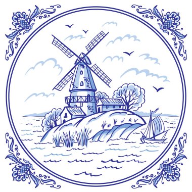 Bir yel değirmeni ve mavi renklerde desenli çerçeve, Delft tarzı dekor, Gzhel resim, Çin porselenleri, bir teknede, yatay vektör çizim, çeşitli tasarımlar için dekor.