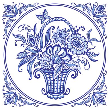 Bir sepet desenli çerçeve, Delft stil döşeme, Gzhel resim, Çin porselenleri, mavi renkte çiçeklerle vektör çizim, çeşitli tasarımlar için dekor.