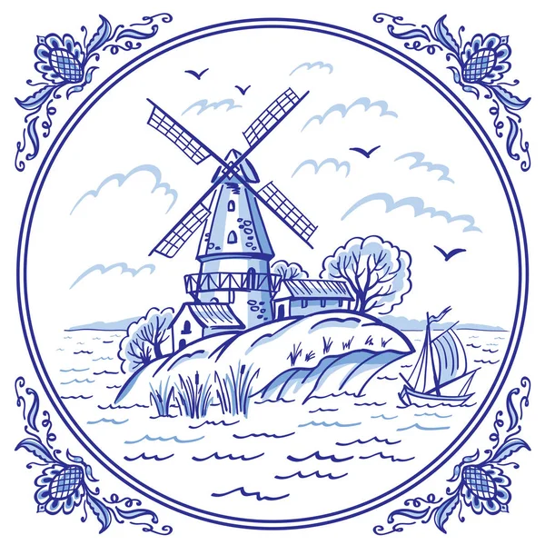 Landscape Windmill Boat Blue Colors Patterned Frame Delft Style Decor — Stock Vector