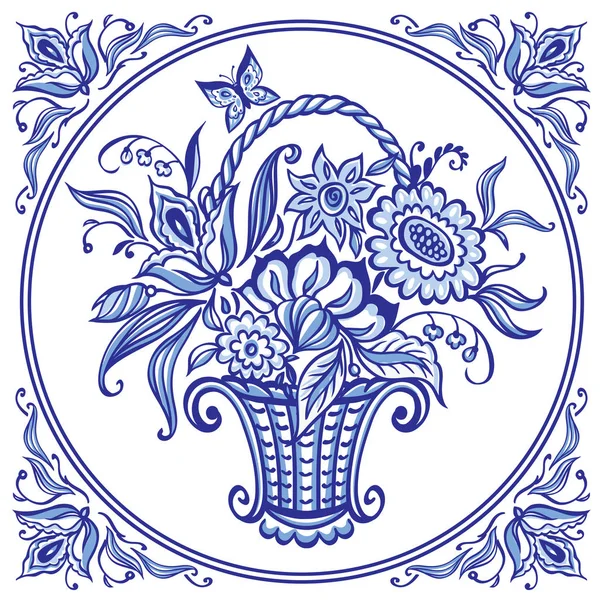 Korg Med Blommor Blå Färger Mönstrad Ram Delft Stil Kakel — Stock vektor