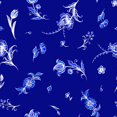 Beyaz çiçekler mavi arka plan, çiçek süsleme, el çizimi, arka planı farklı tasarımlar için seamless modeli: yemekleri, kumaşlar, vb.