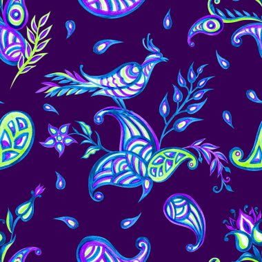 Muhteşem kuşlar ve mor bir arka plan, çiçek süsleme, etnik desen, paisley, boho tarzı, oryantal motifleri, paisley seamless modeli el yapımı çizim