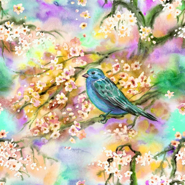 Безшовний Візерунок Цвітінням Сакури Птахом Гілці Акварельна Ілюстрація Весняний Фон — стокове фото