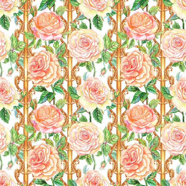 ストライプとバロック様式のパターン 水彩イラストの背景に白い背景の上の繊細な紅茶バラのシームレスなパターン なデザイン ファブリックの背景の花飾り — ストック写真