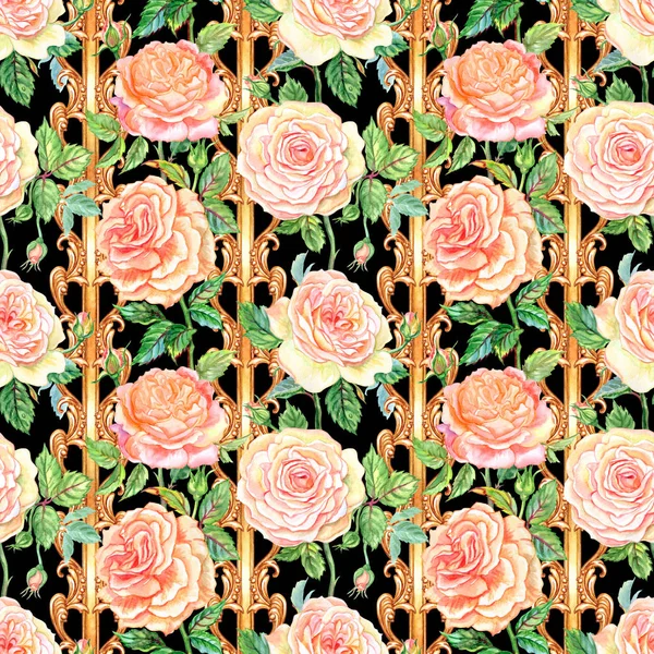 Seamless Pattern Delicate Tea Roses Black Background Background Stripes Baroque — Stock Photo, Image