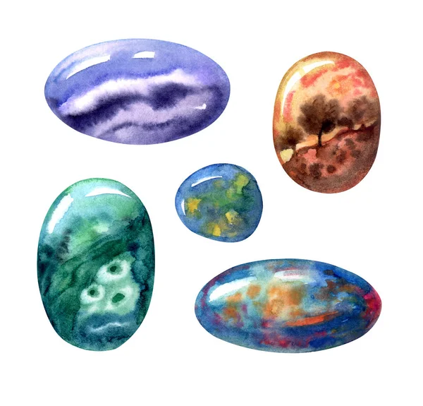 Steincabochons Achat Malachit Opal Aquarellmalerei Auf Weißem Hintergrund Isoliert Mit — Stockfoto