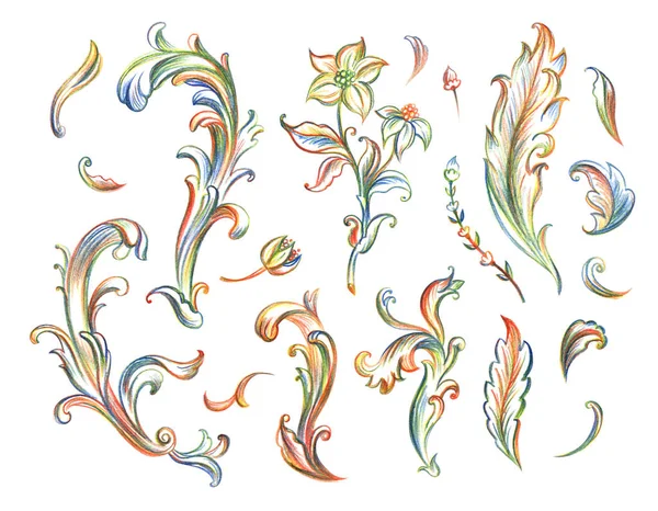A set of Baroque or Rococo patterns in pencil, hand-drawing on a white background, isolated with clipping path. Decorative floral pattern, illustration.