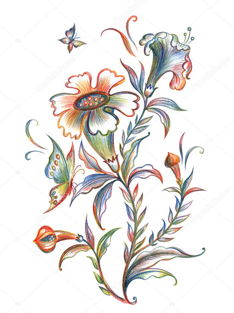 Fairy tale flower and butterflies in pencil, hand drawing on a white background, isolated with clipping path. Baroque ornamental floral pattern, illustration.