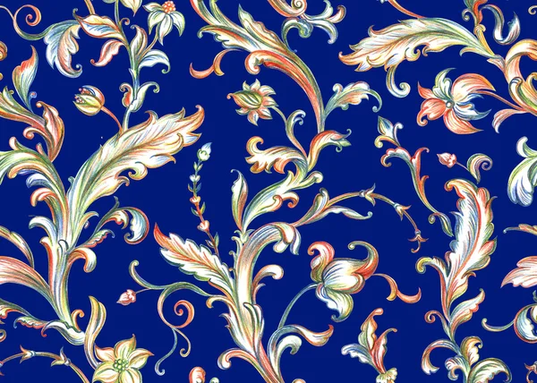 Barokk Rokokó Varrat Nélküli Mintát Kék Háttér Kézzel Háttérben Fabric — Stock Fotó