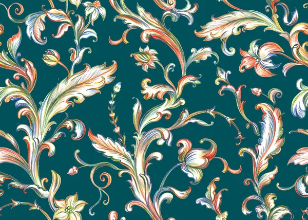 Barokk Rokokó Varrat Nélküli Mintát Zöld Háttér Kézzel Háttérben Fabric — Stock Fotó