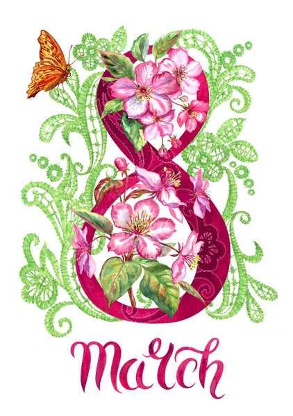 Glückwunschkarte Für Das Frauenfest März Mit Blumen Die Zahl Mit — Stockfoto