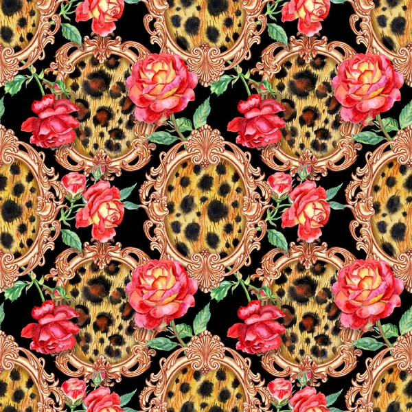 Seamless pattern of leopard skins in a golden frame of baroque and red roses, watercolor drawing. Animal print for fabric, floral pattern, background for various designs, retro style.