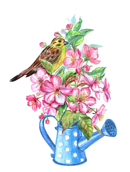 Bouquet Apple Flowers Watering Can Bird Oatmeal Watercolor Painting White — Stock Photo, Image