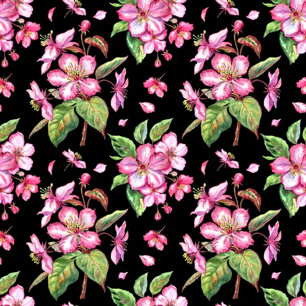 Seamless watercolor pattern of apple flowers on a black background, print for fabric and other designs. Floral spring background.