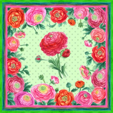 Düğünçiçeği ve kenarları boyunca bir şerit bir bahar çiçek desenli eşarp. Yazdırma şallar, yastık veya diğer tasarımlar, suluboya çizim için.