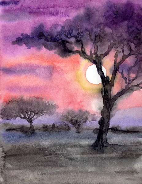 Landskap Savanna Vid Solnedgången Akvarell Illustration Målning Affisch — Stockfoto