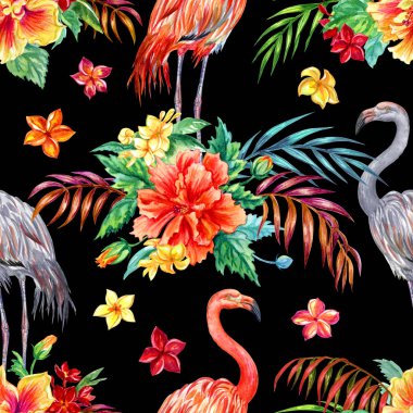 Dikişsiz desen tropikal çiçek ve flamingolar siyah bir arka plan. Ebegümeci, plumeria, palmiye yaprakları güzel tropikal desen.