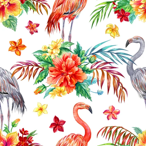 Seamless pattern of tropical flowers and flamingos on a white background. Hibiscus, plumeria, palm leaves in a beautiful tropical pattern.