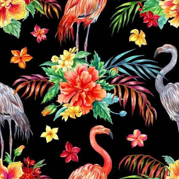 在黑色背景上的热带花卉和火烈鸟的无缝模式 棕榈叶在一个美丽的热带图案 — 图库照片