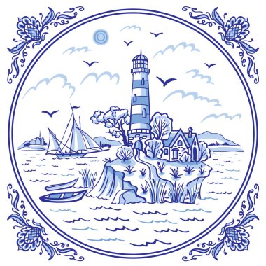 Bir deniz feneri ile manzara. gemi ve deniz araçları, geleneksel Flamanca olarak boyama kobalt stil, Delft, Gzhel, çini, porselen sofra için tasarım.