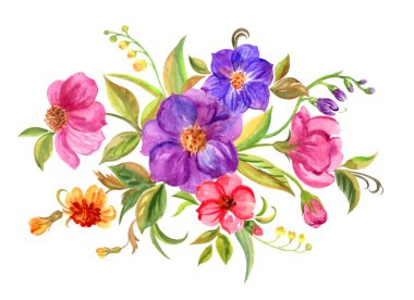 Dekoratif çiçek buketi, izole kırpma yolu ile beyaz bir arka plan üzerinde boyama suluboya.