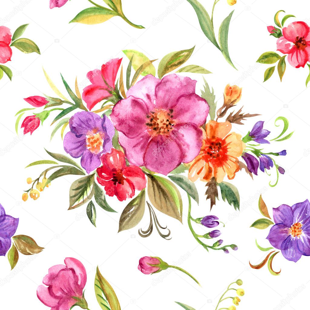 Seamless watercolor pattern of decorative flowers and bouquets on a white background. Floral print for fabric, background for various designs.