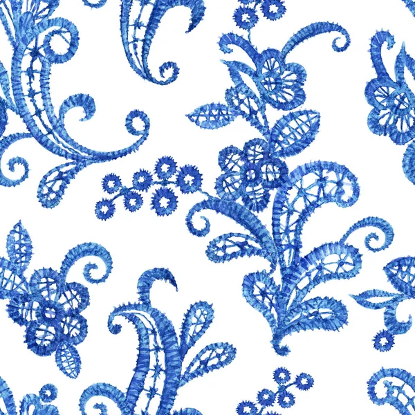 Kék Csipke Varrat Nélküli Mintázat Fehér Alapon Akvarell Illusztráció — Stock Fotó