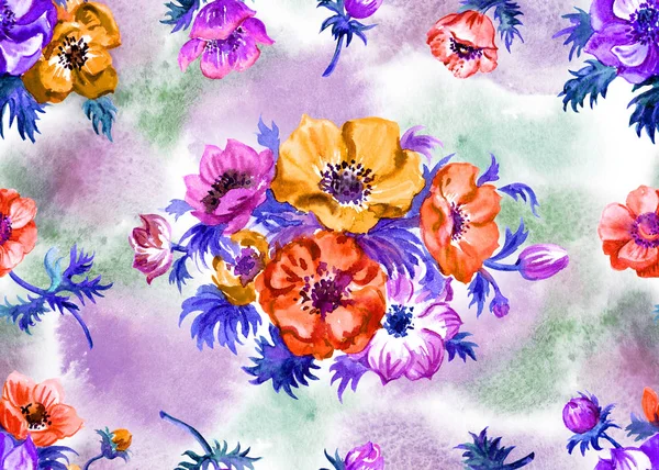 Anemone çiçekler dikişsiz desen, beyaz arka plan üzerinde suluboya illüstrasyon. Kumaş ve diğer tasarımlar için çiçek yay baskı.