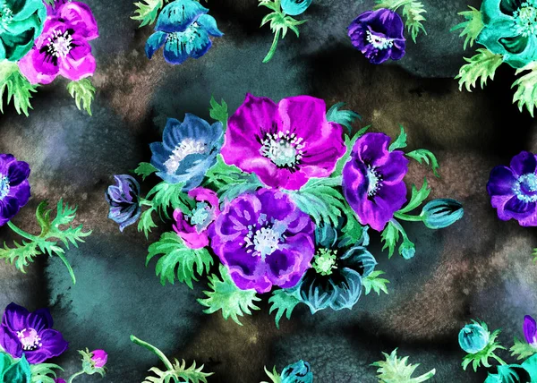 Ανεμώνη Λουλούδια Χωρίς Ραφές Απεικόνιση Υδατογραφηματού Μαύρο Φόντο Floral Ελατήριο — Φωτογραφία Αρχείου