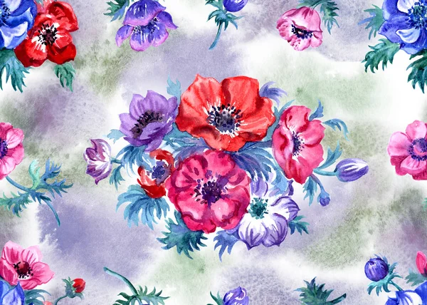 Anemone çiçekler dikişsiz desen, beyaz arka plan üzerinde suluboya illüstrasyon. Kumaş ve diğer tasarımlar için çiçek yay baskı.