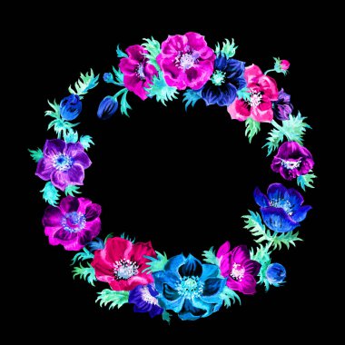 Anemonların yuvarlak çerçevesi, siyah arka plan üzerine suluboya boyama, izole.