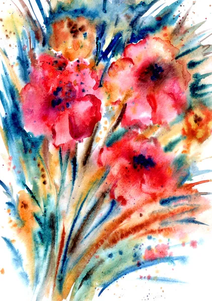 Ramo Abstracto Amapolas Rojas Pintura Acuarela Estampado Floral Para Chales — Foto de Stock