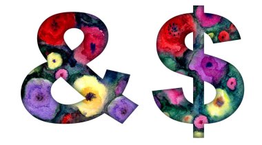 Soyut çiçek desenli tipografik işaretler ve semboller, beyaz arka plan üzerine suluboya illüstrasyon, izole.