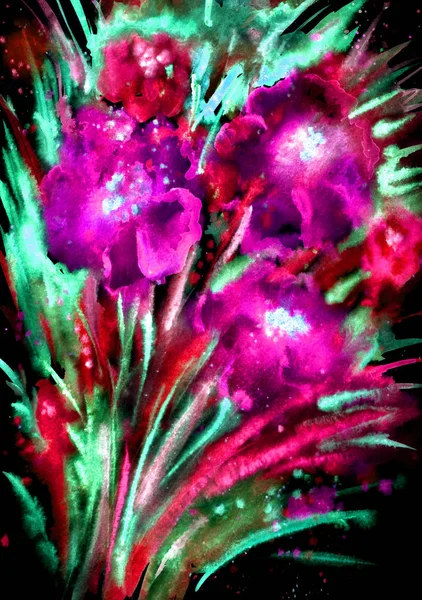 Crimson Kwiaty Czarnym Tle Abstrakcyjne Akwarela Rysunek Sposób Ekspresyjny — Zdjęcie stockowe