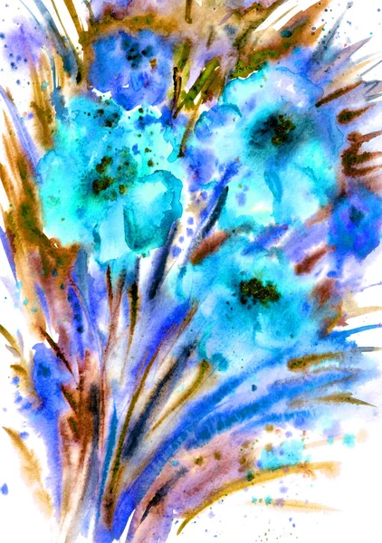 Μπλε Λουλούδια Αφηρημένη Ζωγραφική Υδατογραφιας Εκφραστικό Τρόπο — Φωτογραφία Αρχείου