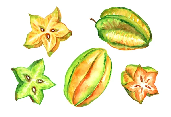 Carambola Veya Starfruit Bütün Meyve Dilimler Tropikal Meyve Bir Dizi — Stok fotoğraf