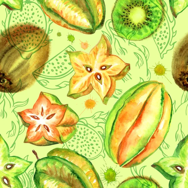 Padrão Sem Costura Frutas Tropicais Fundo Verde Pálido Carambola Kiwi — Fotografia de Stock