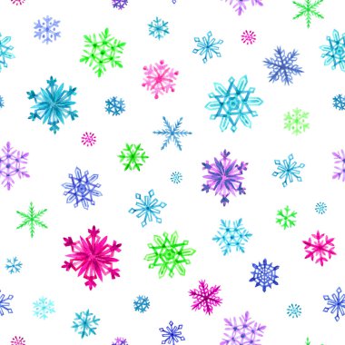 Beyaz arka plan üzerinde çok renkli kar taneleri dikişsiz desen, suluboya boyama.