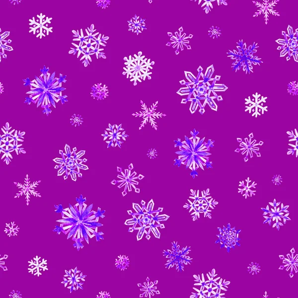 紫色の背景に雪片のシームレスなパターン 水彩画 — ストック写真