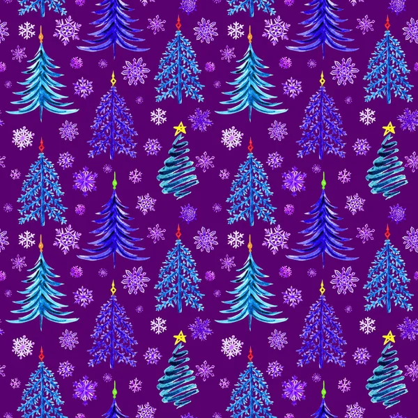 Seamless Pattern Christmas Firs Snowflakes Purple Background Watercolor Drawing — Stock Photo, Image