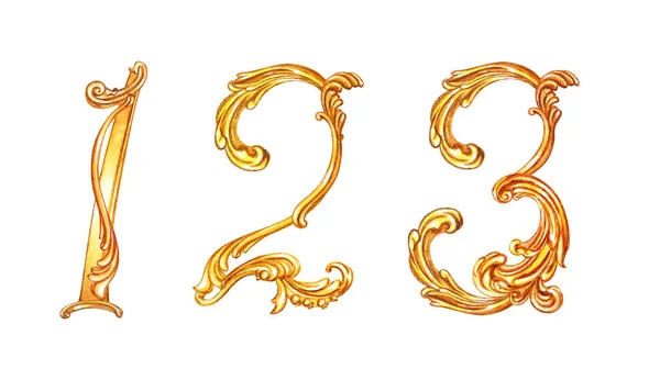 Gouden Getallen Barokstijl Aquarelverf Witte Achtergrond Geïsoleerd — Stockfoto
