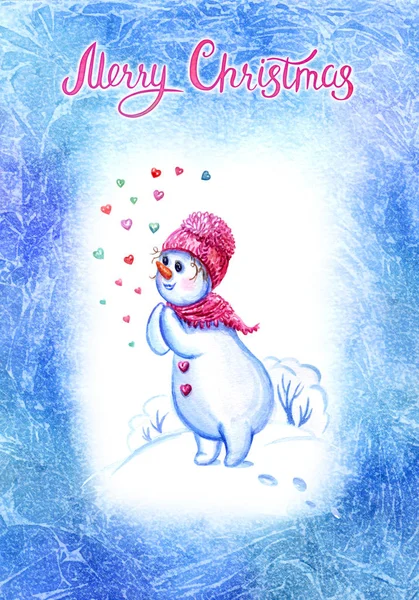 New Year Christmas Card Snowman Girl Hat Watercolor Illustration — Stock Photo, Image