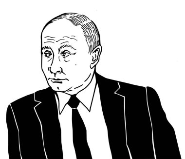 Moskova, Rusya - 06 10 2019: Rusya Devlet Başkanı Vladimir Putin, Siyah beyaz illüstrasyon, karikatür, karikatür.